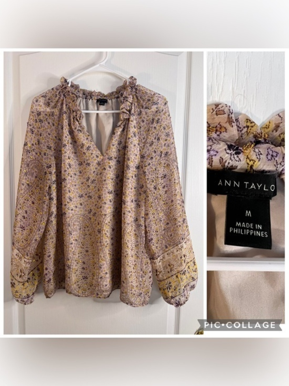 Ann Taylor Lavender and Yellow Floral Peasant Blouse size M
